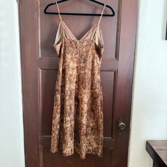 90s Vintage CDC PETITES Mottled Brown Lace Lingerie Inspired Midi Slip Dress 12P - Picture 3 of 6